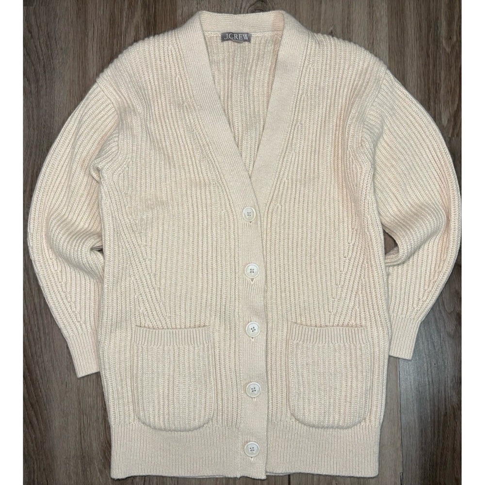 J.Crew Ribbed Knit V-neck Cardigan Sweater‎ Fisherman XS Cream Oversized Alpaca - Picture 2 of 7
